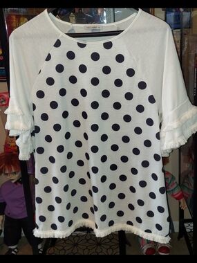 Ellbi White/Black Polka Dot Ruffle Sleeve Top